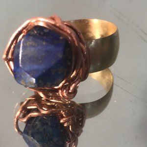 Lapis Lazuli Brass Solid Copper Ring Rustic Reiki Statement Brutalist